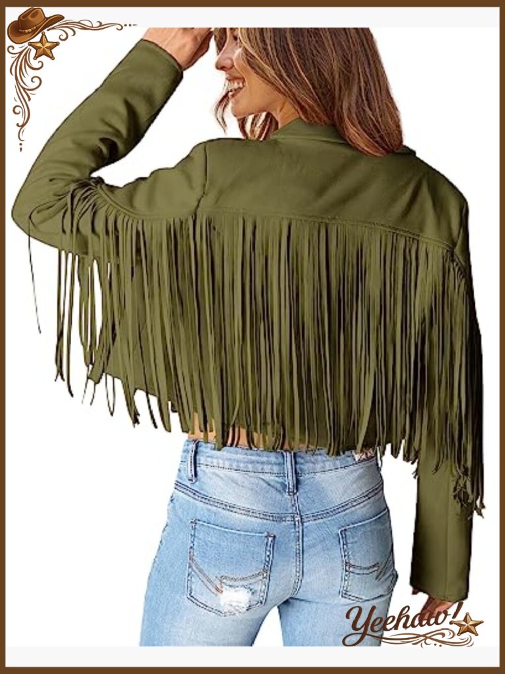 Faux Suede Fringe Cropped Motorcycle Jacket - Long Sleeve Tassel Coat - Picture 4 of 7
